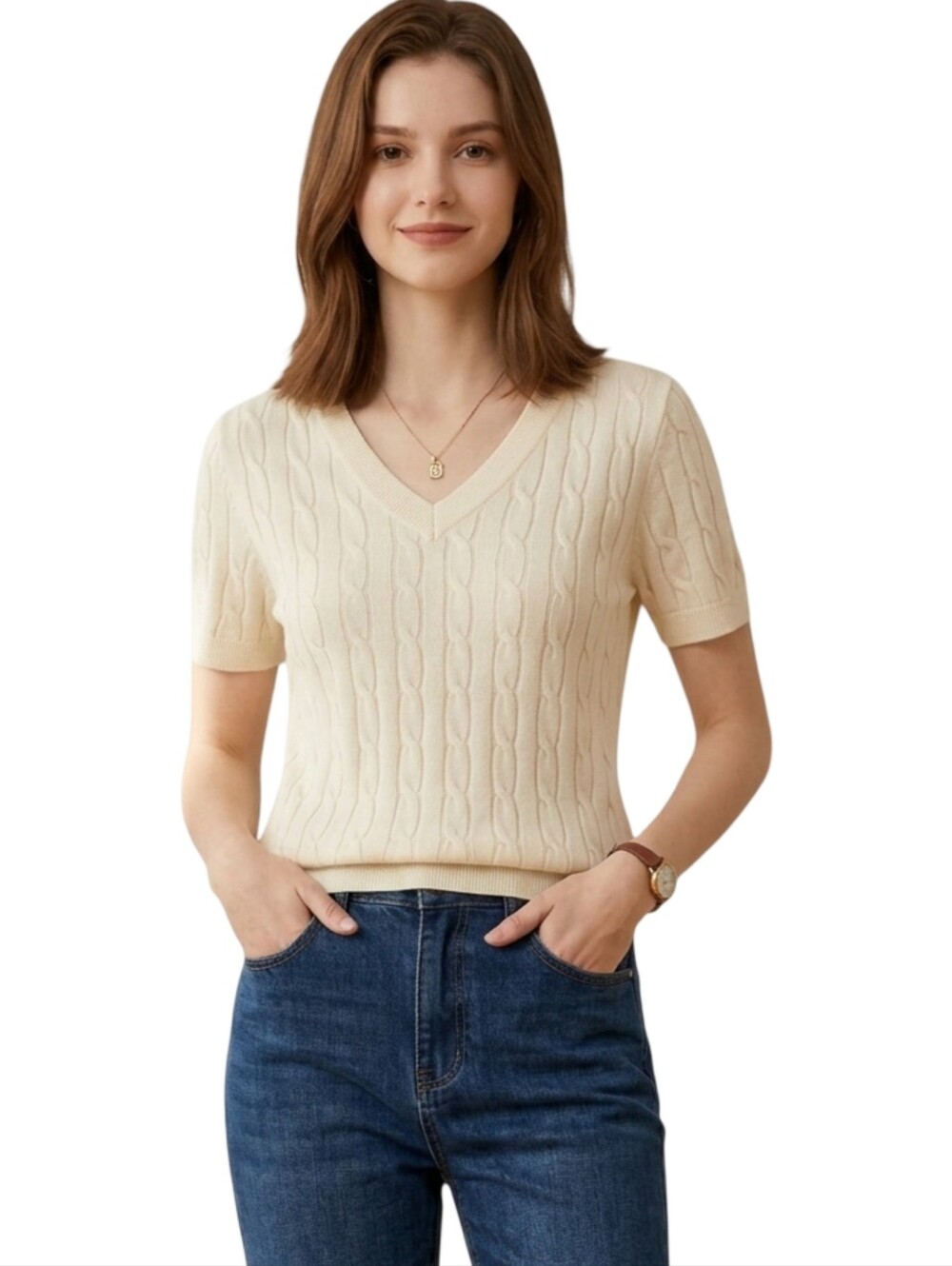 Classic Cable Knit V-Neck Sweater - Cream